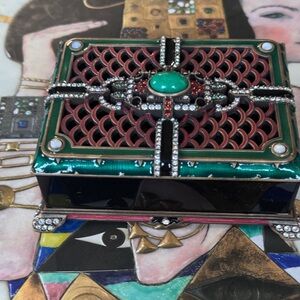 Jay Strongwater Ornate Art Deco Jeweled Trinket Box in Green and Black